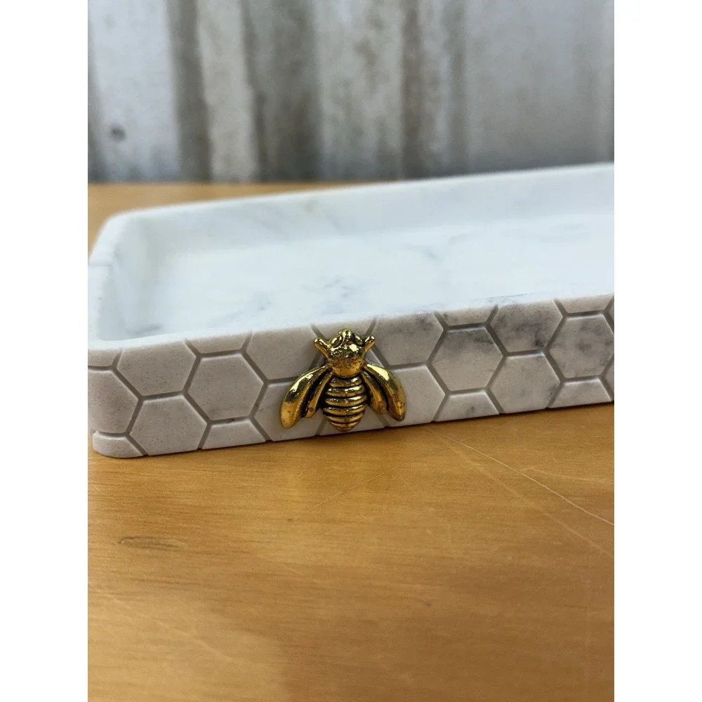 Marble Look Vanity Tray w/ Gold Bee Accent Honeycomb Decorative Catchall 10x6 In